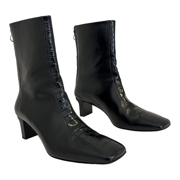 Aeyde Size 38 US 7 Molly Paneled Smooth Black Leather Croc Print Ankle Boots - Picture 1 of 7